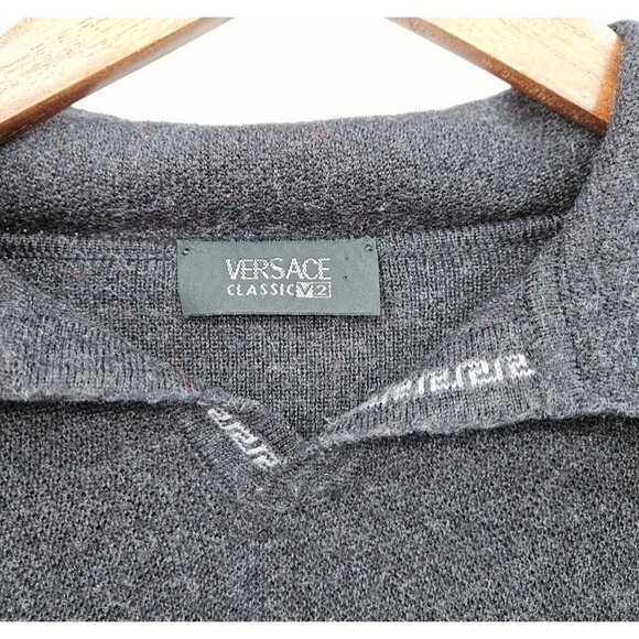 Versace Wool Sweater Mens Sz L Gray Grey Collar Herringbone Pullover Logo FLAW - Picture 3 of 7
